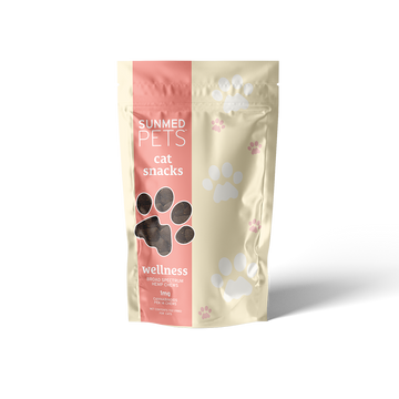 A beige and pink pouch labeled "Sunmed CBD Broad Spectrum CBD Cat Treats" with paw prints, these tuna treats are made with organic hemp to support your cat&