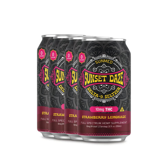 Enjoy four cans of Sunmed CBD's Sunset Daze Delta 9 THC Seltzer Strawberry Lemonade, each with 10mg THC—a tasty hemp drink for a refreshing, uplifting experience.