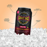 A 24-pack of Sunmed CBD Sunset Daze Delta 9 THC Seltzer in Strawberry Lemonade flavor is chilled on ice, spotlighting its refreshing hemp-infused beverage qualities.