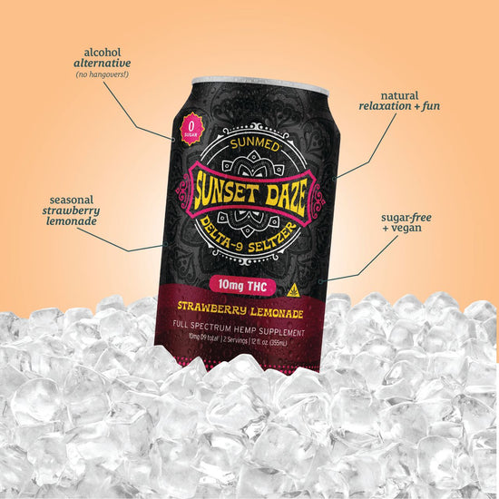 A 24-pack of Sunmed CBD Sunset Daze Delta 9 THC Seltzer in Strawberry Lemonade flavor is chilled on ice, spotlighting its refreshing hemp-infused beverage qualities.