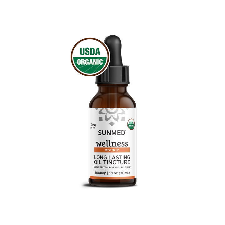 A brown bottle of Sunmed CBD Organic Broad Spectrum CBD Tincture with a dropper and USDA Organic label, crafted using organic practices.