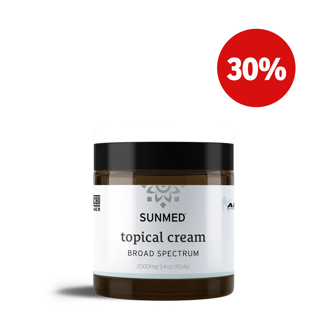 Award-winning Broad Spectrum Relief CBD Cream by Sunmed CBD, marked with a "30% off" red label in the top right corner, offers relief for your skin and muscles.