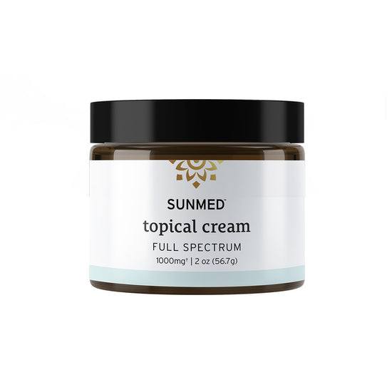 A 2 oz jar of Sunmed CBD Full Spectrum Relief CBD Cream, 1000mg, with a black lid and white label—ideal for targeted topical relief with premium hemp extract.