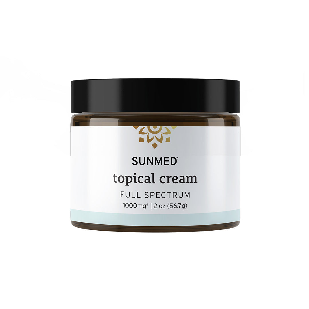 A 2 oz jar of Sunmed CBD’s Full Spectrum Relief CBD Cream (1000mg hemp extract) has a black lid, white label, and is ideal for topical relief.