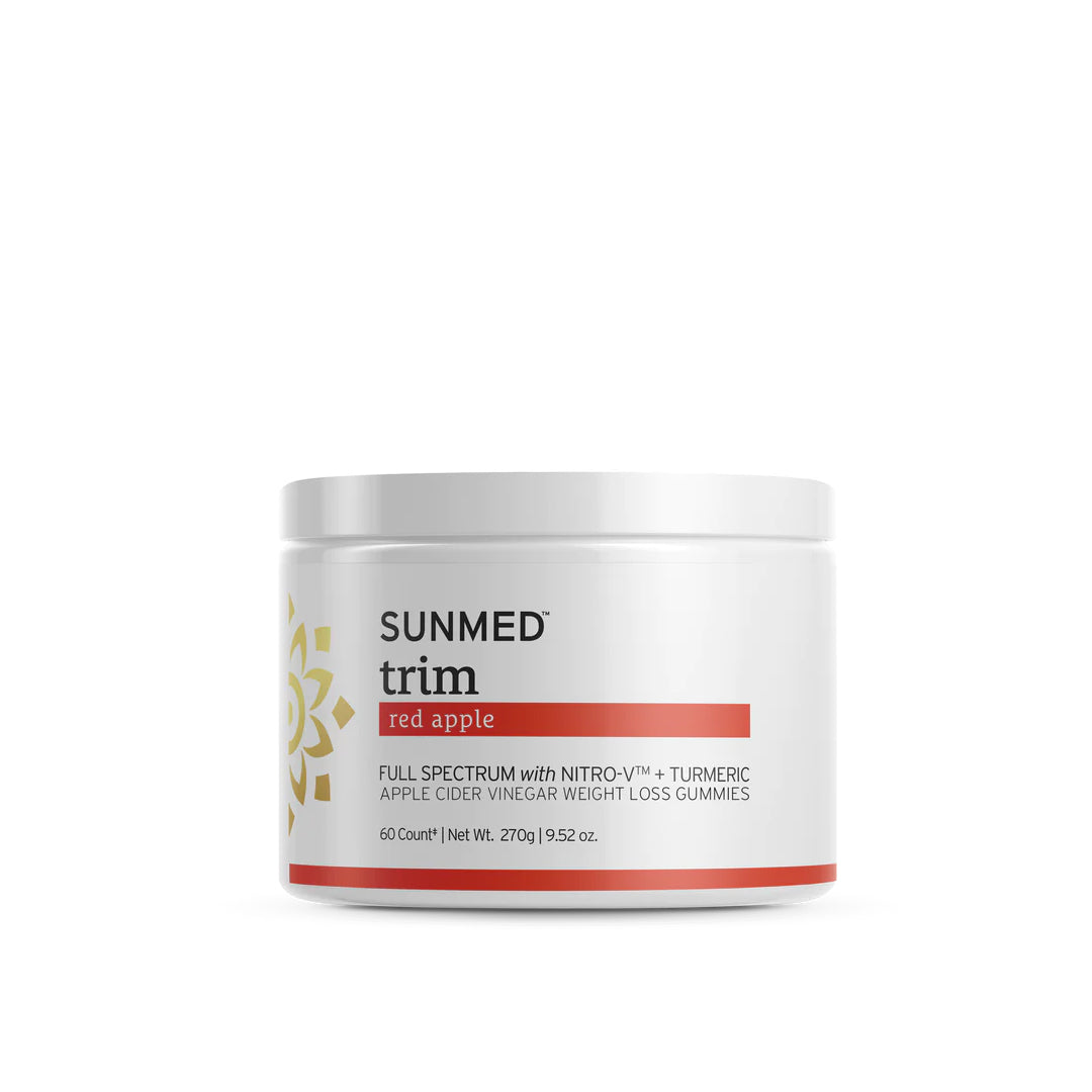 White container of Sunmed CBD Full Spectrum Trim Weight Loss Gummies with Nitro-V™, turmeric, and apple cider vinegar for appetite suppressant benefits, 60 count.