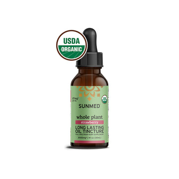 A bottle of Sunmed CBD Whole Plant Organic Full Spectrum CBD Tincture in strawberry flavor, featuring a USDA organic label for a comprehensive wellness boost.