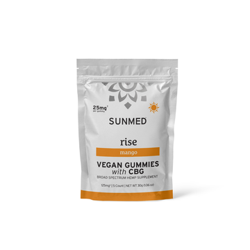 A white packet labeled "Sunmed CBD Broad Spectrum Rise CBG Gummies Starter Pack" with sun artwork and a 25mg per serving notation, featuring hemp-derived cannabinoids to enhance focus and mental clarity.