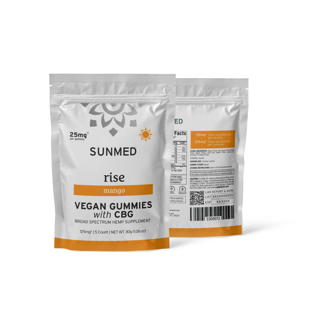 Two white and orange bags of Sunmed CBD's Broad Spectrum Rise CBG Gummies Starter Pack offer mango-flavored, broad spectrum hemp-derived cannabinoids for focus and mental clarity. Enjoy the benefits of these gummies with every serving.