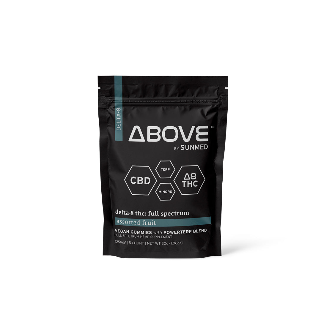 Sunmed CBD's Above Delta-8 Full Spectrum Blend Gummies Starter Pack features an assortment of fruit-flavored, vegan-friendly full spectrum CBD gummies with Delta-8 THC.