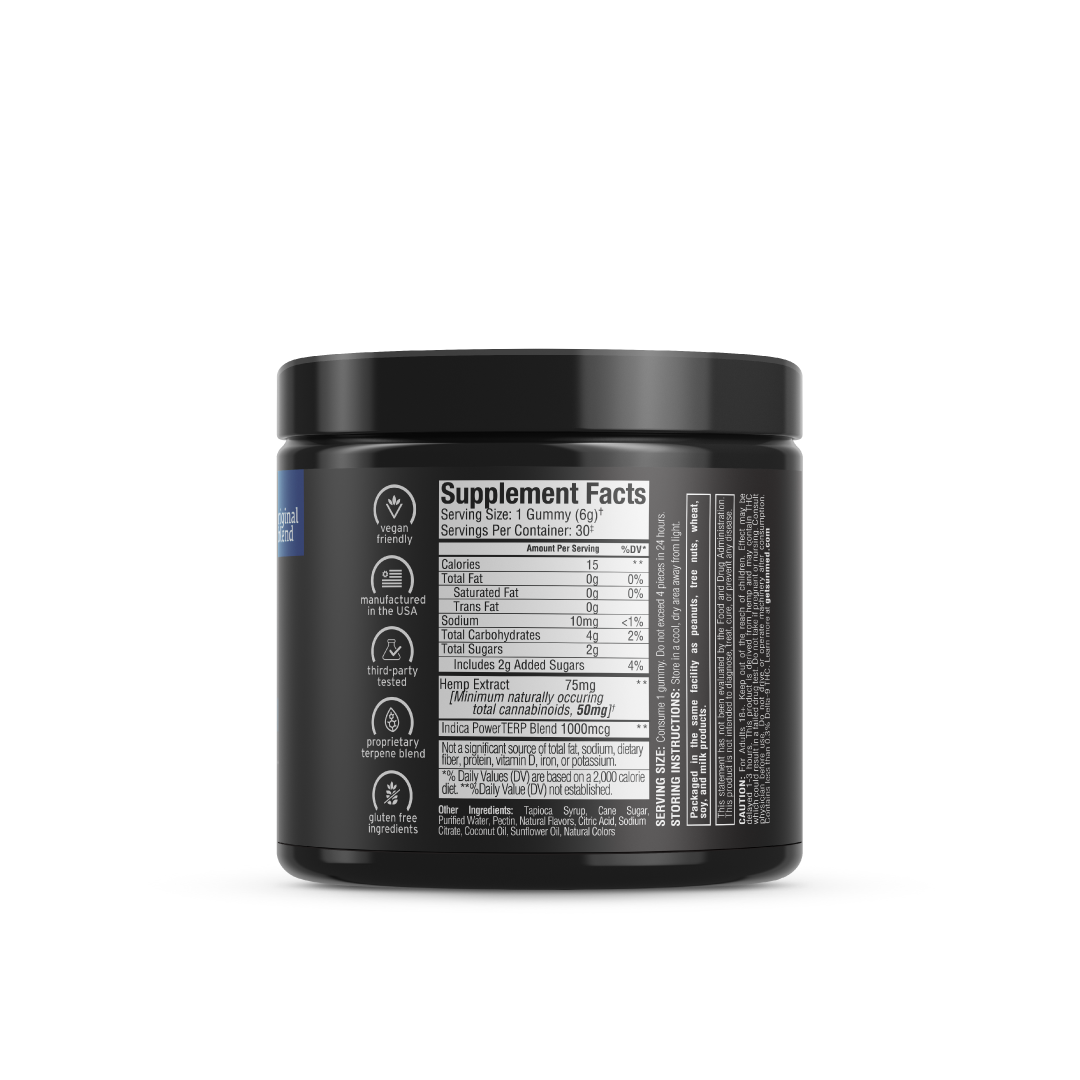 A black Beyond Indica CBD Gummies container from Sunmed CBD, featuring a label with supplement facts and ingredients, showcasing the benefits of Full Spectrum Hemp Extract against a white background.