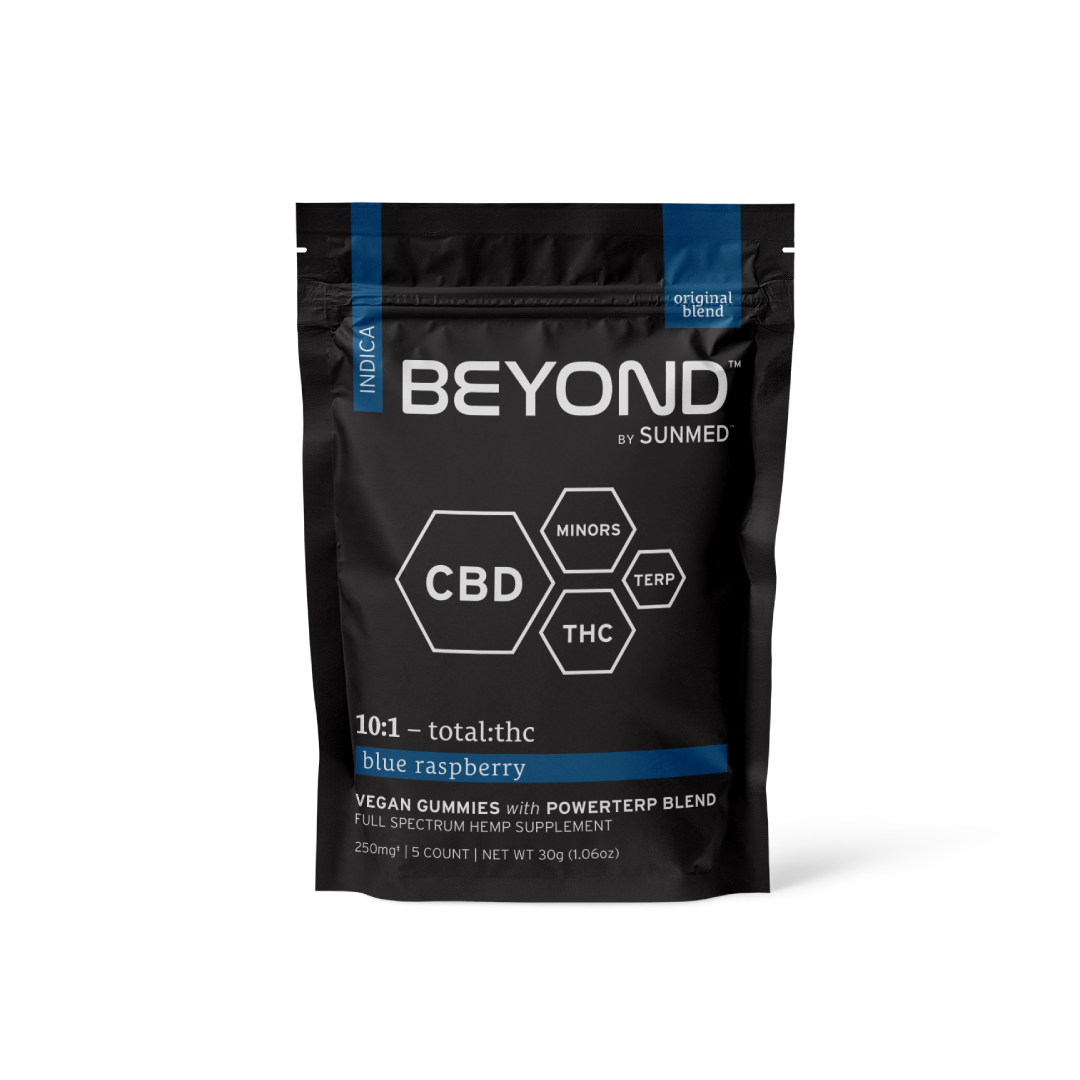 Black and blue packaging of Sunmed CBD's Beyond Indica CBD Gummies Starter Pack, Blue Raspberry flavor, 250mg with a 10:1 CBD to THC ratio.