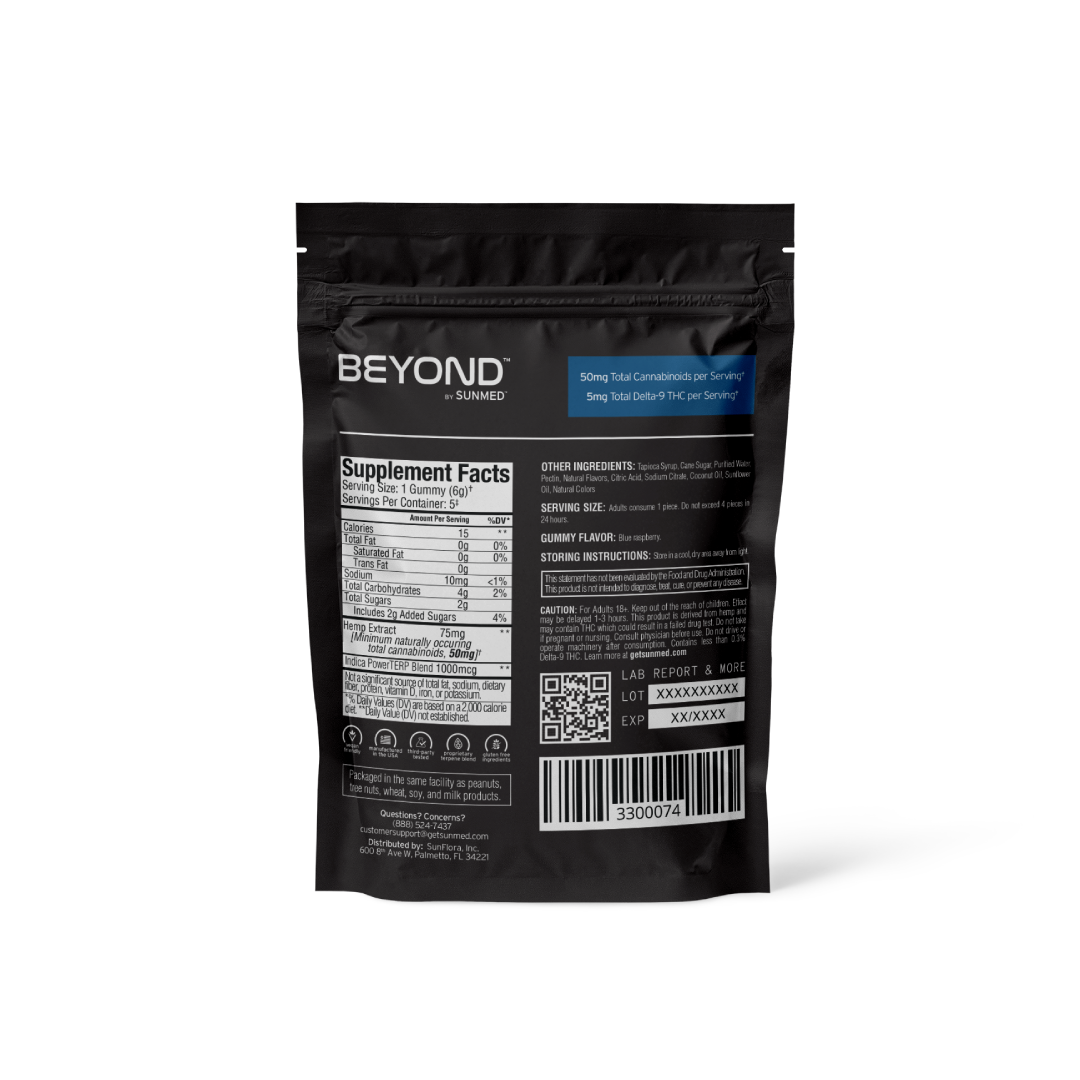 Black pouch of Sunmed CBD's Beyond Indica CBD Gummies Starter Pack with visible Supplement Facts label detailing nutritional information and ingredients.