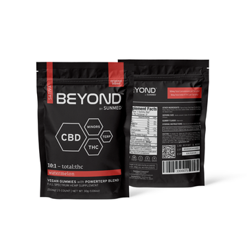 Two black pouches labeled "Sunmed CBD," containing watermelon-flavored vegan CBD gummies from the Beyond Sativa CBD Gummies Starter Pack, featuring the Sativa PowerTERP blend. Front and back views shown.