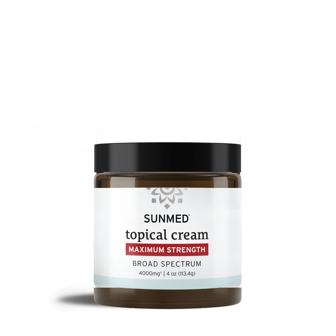 A jar of Sunmed CBD Broad Spectrum Relief CBD Cream, Maximum Strength, 4000mg, 4 oz, featuring a black lid and a white label designed for natural relief.