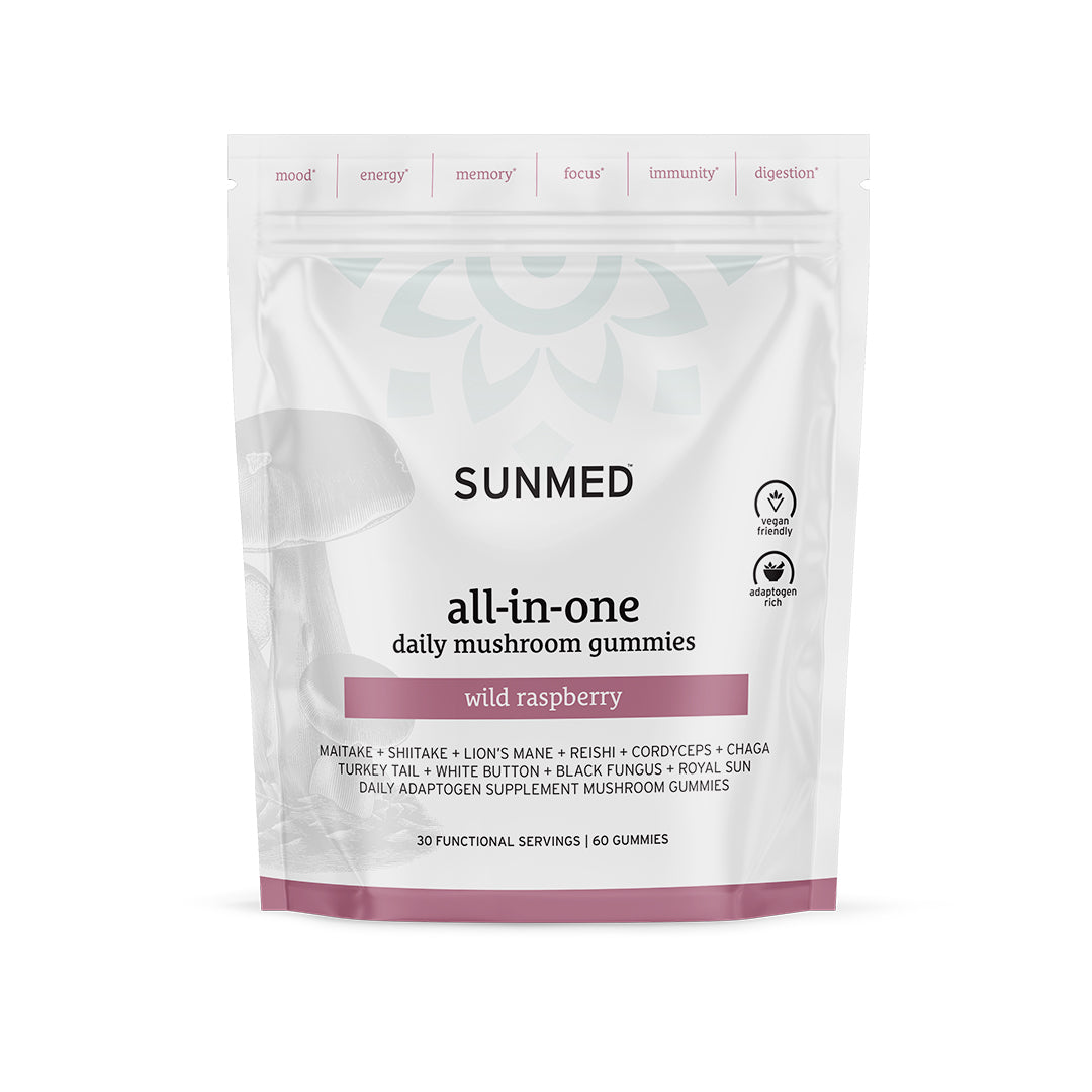 A package of Sunmed CBD All-in-One Mushroom Gummies in wild raspberry flavor, featuring adaptogenic mushrooms to support immune function, containing 60 gummies for 30 servings.