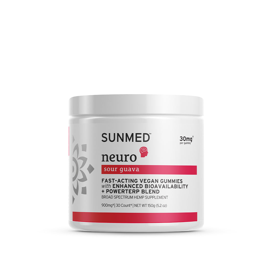 Sunmed CBD Broad Spectrum Neuro Water Soluble CBD Gummies with Sour Guava flavor, featuring 30mg per serving.