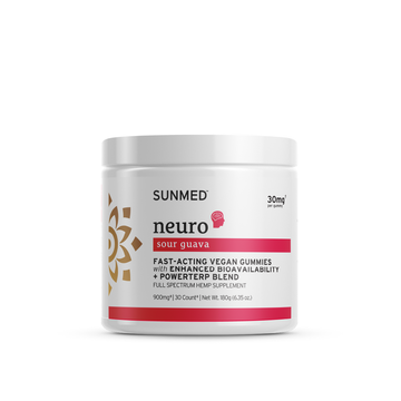 A white container labeled "Sunmed CBD Full Spectrum Neuro Water Soluble CBD Gummies" containing enhanced bioavailability for fast-acting focus in the form of Neuro Sour Guava gummies.