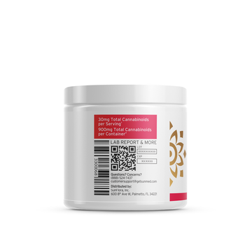 A white container from Sunmed CBD displaying the cannabinoid content (30mg per serving) and a QR code for lab reports, featuring Full Spectrum Neuro Water Soluble CBD Gummies for enhanced bioavailability and fast-acting focus.