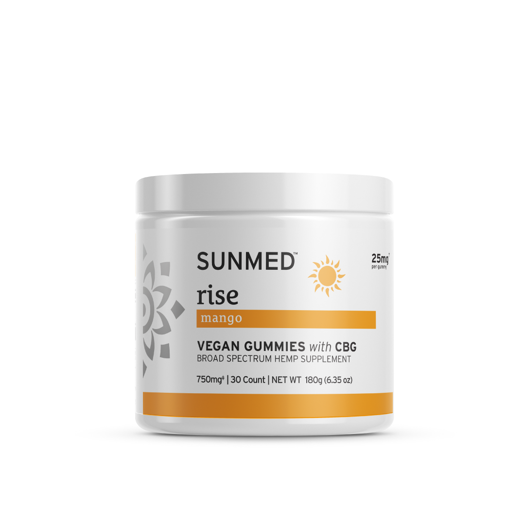 A white jar labeled "Sunmed CBD Broad Spectrum Rise CBG Gummies, mango VEGAN GUMMIES." The text on the jar indicates there are 25mg per gummy and a total of 30 gummies. Ideal for your morning routine, these Broad Spectrum Rise CBG Gummies are packed with hemp-derived cannabinoids to kickstart your day.