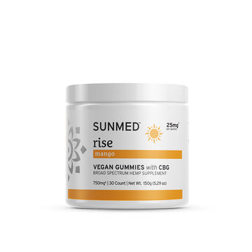 White container of Broad Spectrum Rise CBG Gummies by Sunmed CBD with mango-flavored vegan gummies, infused with hemp-derived cannabinoids, offering 25mg per serving.