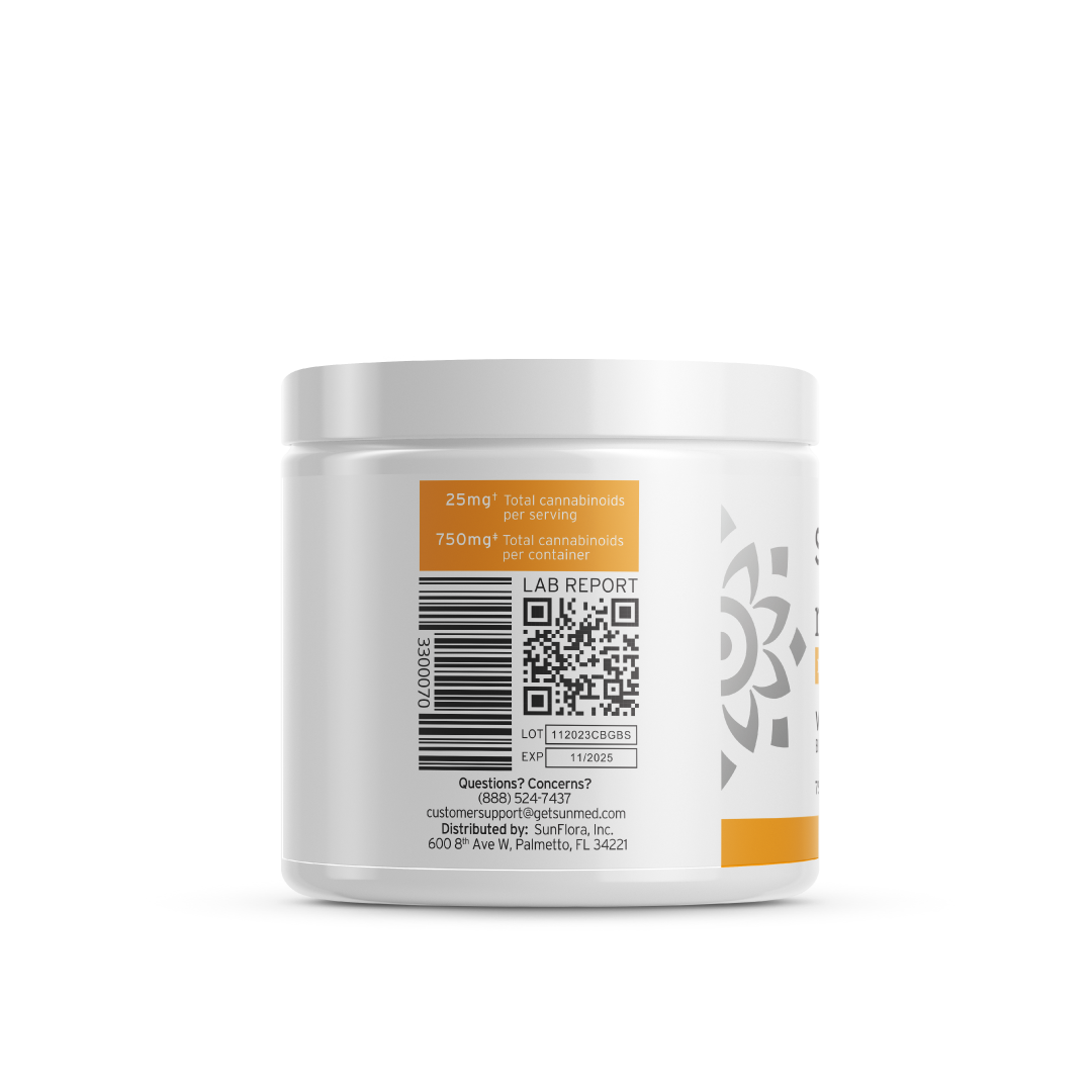 White cylindrical container from Sunmed CBD, featuring a label that details "25mg total cannabinoids per serving" along with a QR code for the lab report. Perfect for your morning routine, these hemp-derived Broad Spectrum Rise CBG Gummies offer a refreshing start to your day.