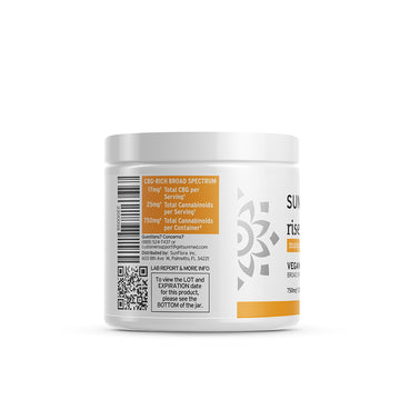 White jar with Broad Spectrum Rise CBG Gummies label, featuring supplement details and a QR code, from Sunmed CBD.