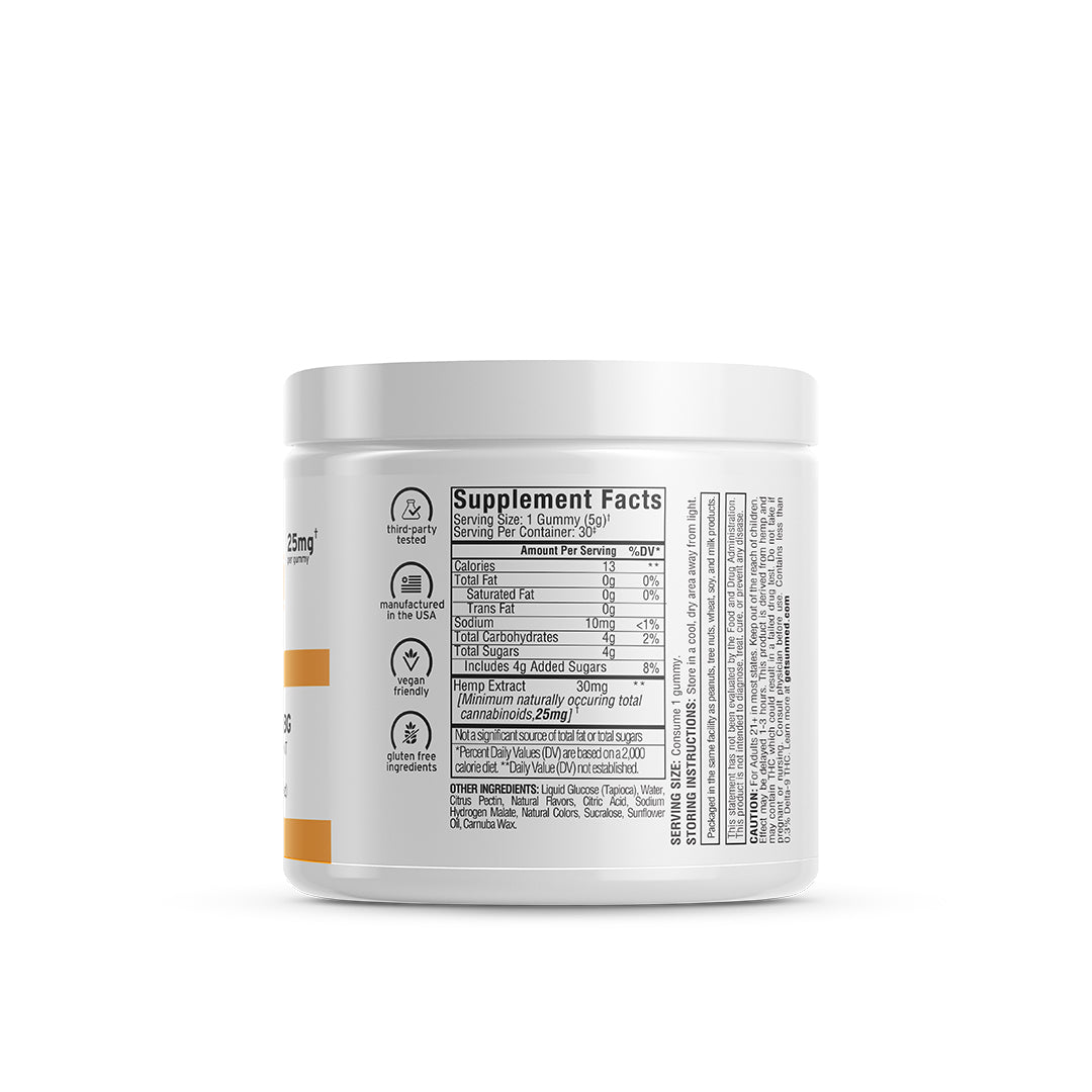 White jar labeled with supplement facts showing nutritional information and ingredients, containing Broad Spectrum Rise CBG Gummies. Ideal for those seeking the benefits of hemp-derived cannabinoids in a convenient form. Brand: Sunmed CBD.