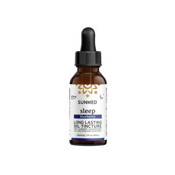 Bottle of Sunmed CBD Full Spectrum Sleep CBN Tincture with a dropper top, containing 1800mg (60mg/mL), infused with lavender and valerian root for enhanced relaxation.