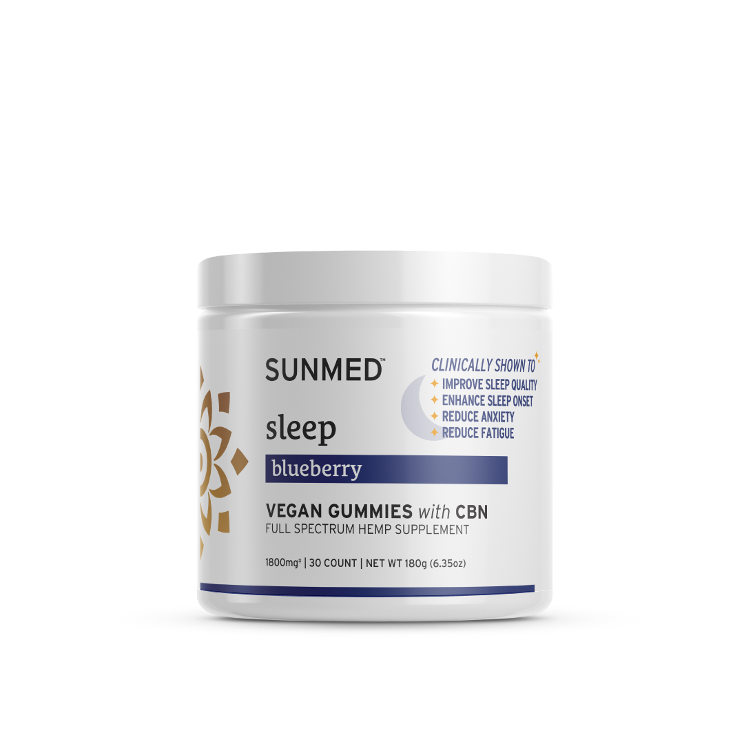 A white container labeled "Full Spectrum Sleep CBN Gummies" from Sunmed CBD, containing 30 blueberry-flavored vegan gummies designed to support improved sleep, part of our premium hemp products line.