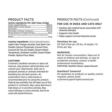 Text image detailing product facts, uses for pets, warnings, and contact information for Sunmed CBD Broad Spectrum Allergy Aid CBD Pet Chews.