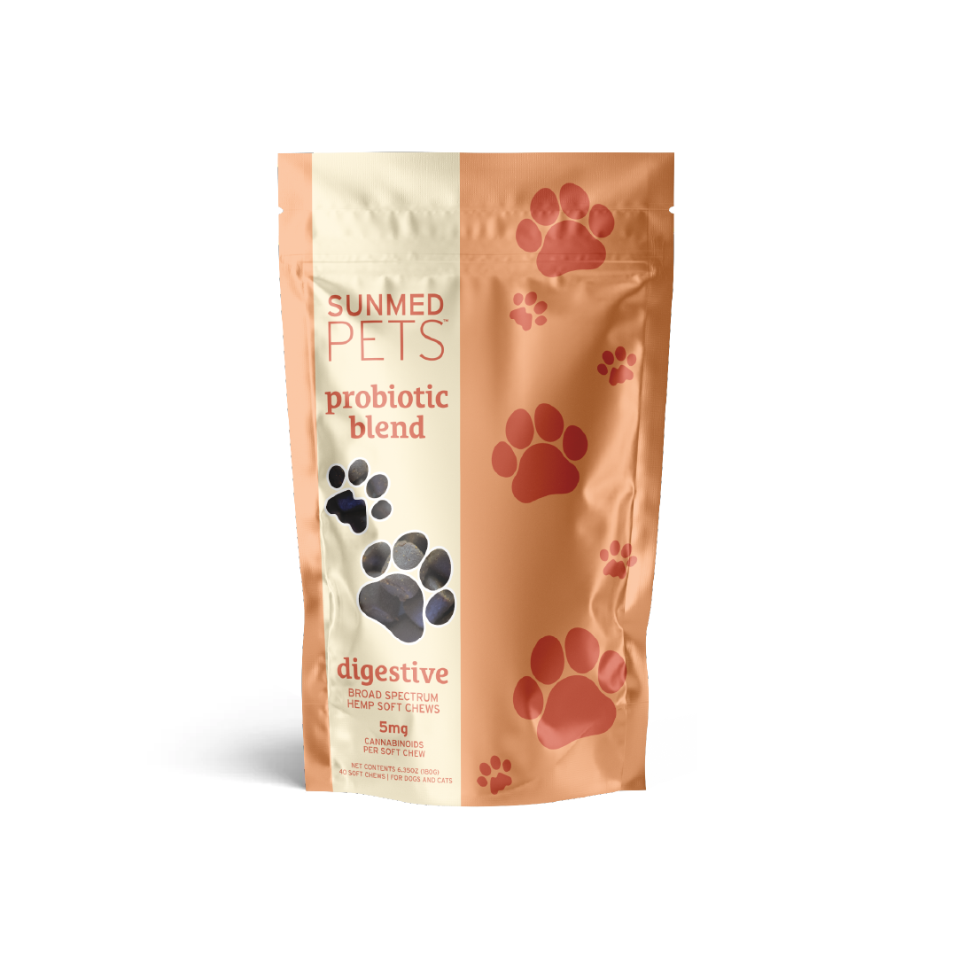 A bag of Sunmed CBD Broad Spectrum Probiotic CBD Pet Chews, digestive hemp soft chews for pets crafted with premium ingredients, featuring paw prints on the packaging.