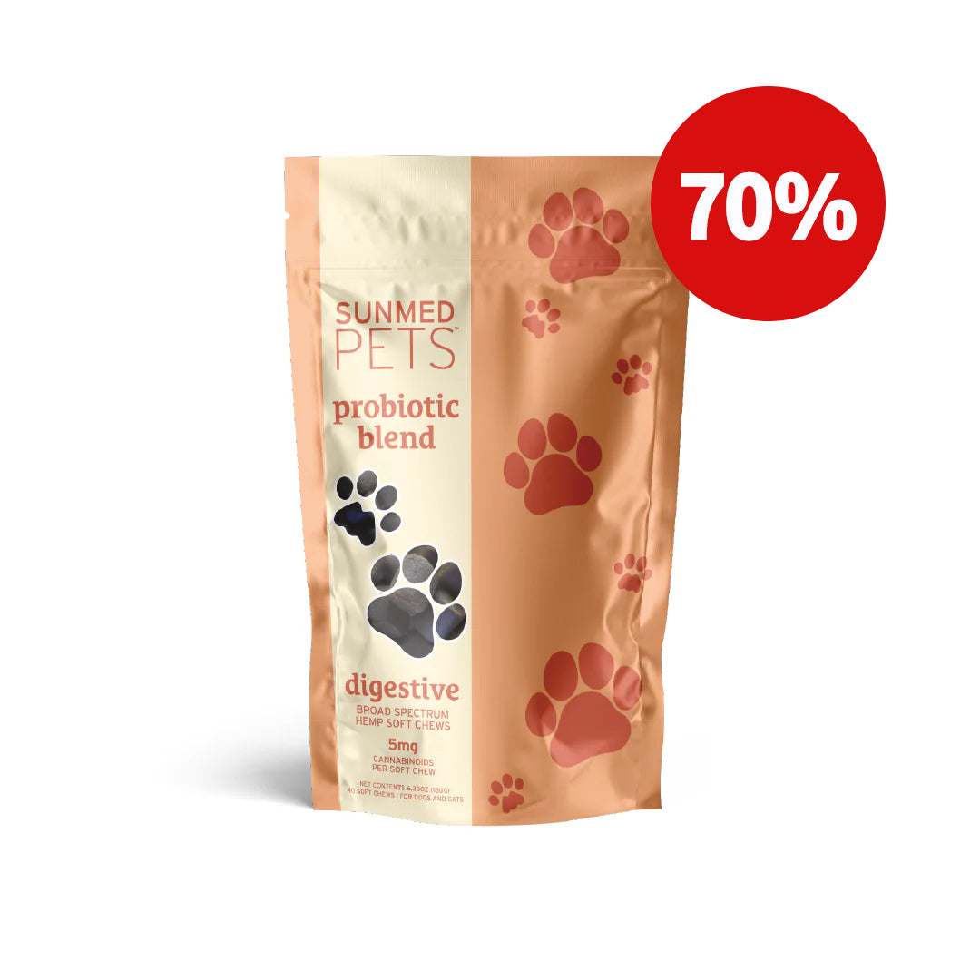 Bag of Sunmed CBD's Broad Spectrum Probiotic CBD Pet Chews for digestive health, decorated with paw prints and featuring a 70% discount sticker.