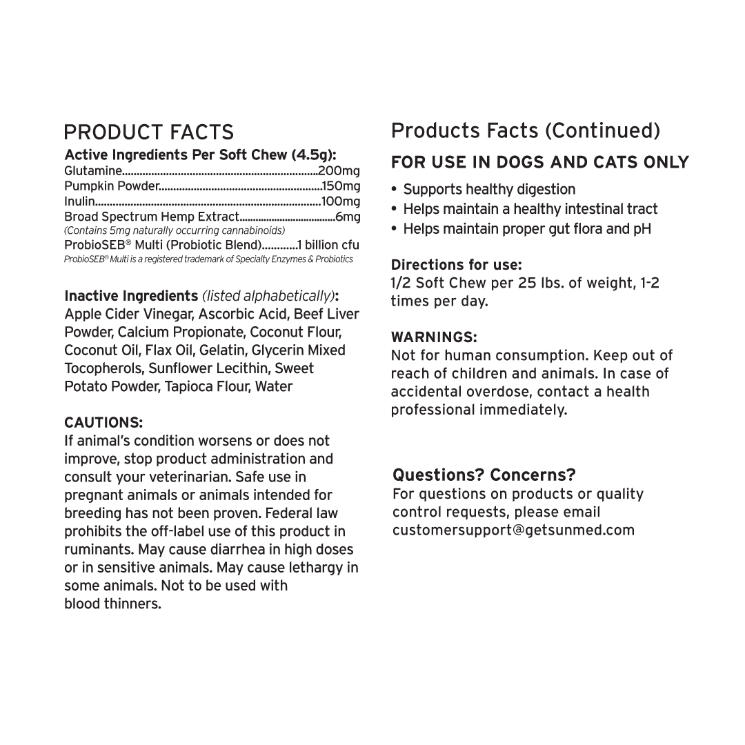 A product label in text form for Sunmed CBD's Broad Spectrum Probiotic CBD Pet Chews, detailing premium ingredients, dosage instructions, and warnings.