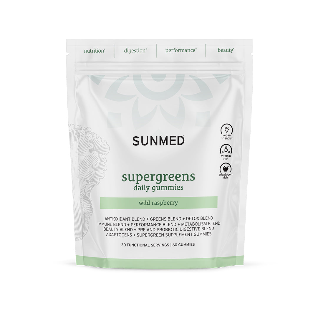 A pouch of Sunmed CBD Supergreens Daily Gummies, white in color, wild raspberry flavor, containing 60 gummies packed with essential vitamins and various health benefits.