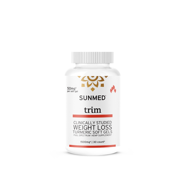 A bottle of Sunmed CBD Full Spectrum Trim Weight Loss Capsules, labeled "Clinically Studied," containing 30 soft gels with added hemp extract for enhanced appetite suppressant properties.