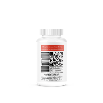 A white supplement bottle featuring a QR code, barcode, and text on the label, containing Sunmed CBD Full Spectrum Trim Weight Loss Capsules with hemp extract.