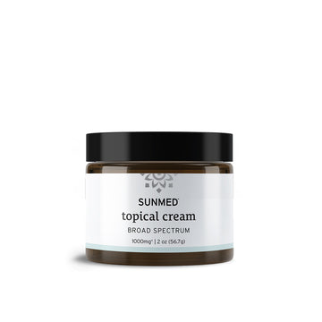 A 2 oz jar of Sunmed CBD Broad Spectrum Relief CBD Cream, containing 1000 mg, features a black lid and white label. Enjoy all-natural relief with this award-winning formula.