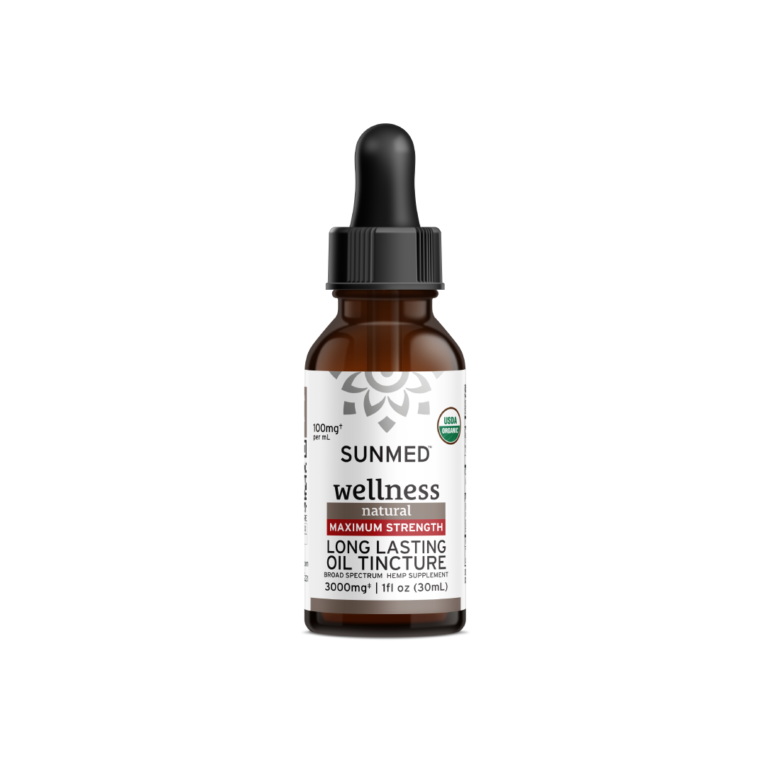 A bottle of Sunmed CBD Organic Broad Spectrum CBD Tincture, labeled as maximum strength and containing 3000mg of natural ingredients, crafted using organic practices.