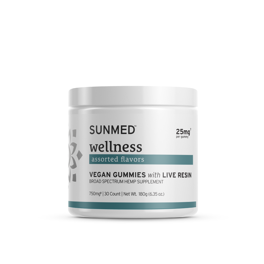 White container of Sunmed CBD Broad Spectrum Vegan Wellness CBD Gummies with assorted flavors and live resin, offering a premium hemp experience. Each gummy contains 25mg of broad spectrum hemp extract, with a total of 30 gummies per 180g container.