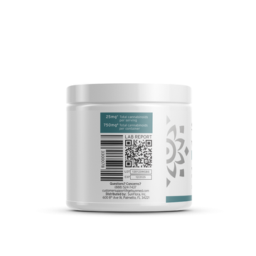 A white supplement container featuring a label with a QR code, dosage information, company contact details, and premium Broad Spectrum Vegan Wellness CBD Gummies formulated by Sunmed CBD.