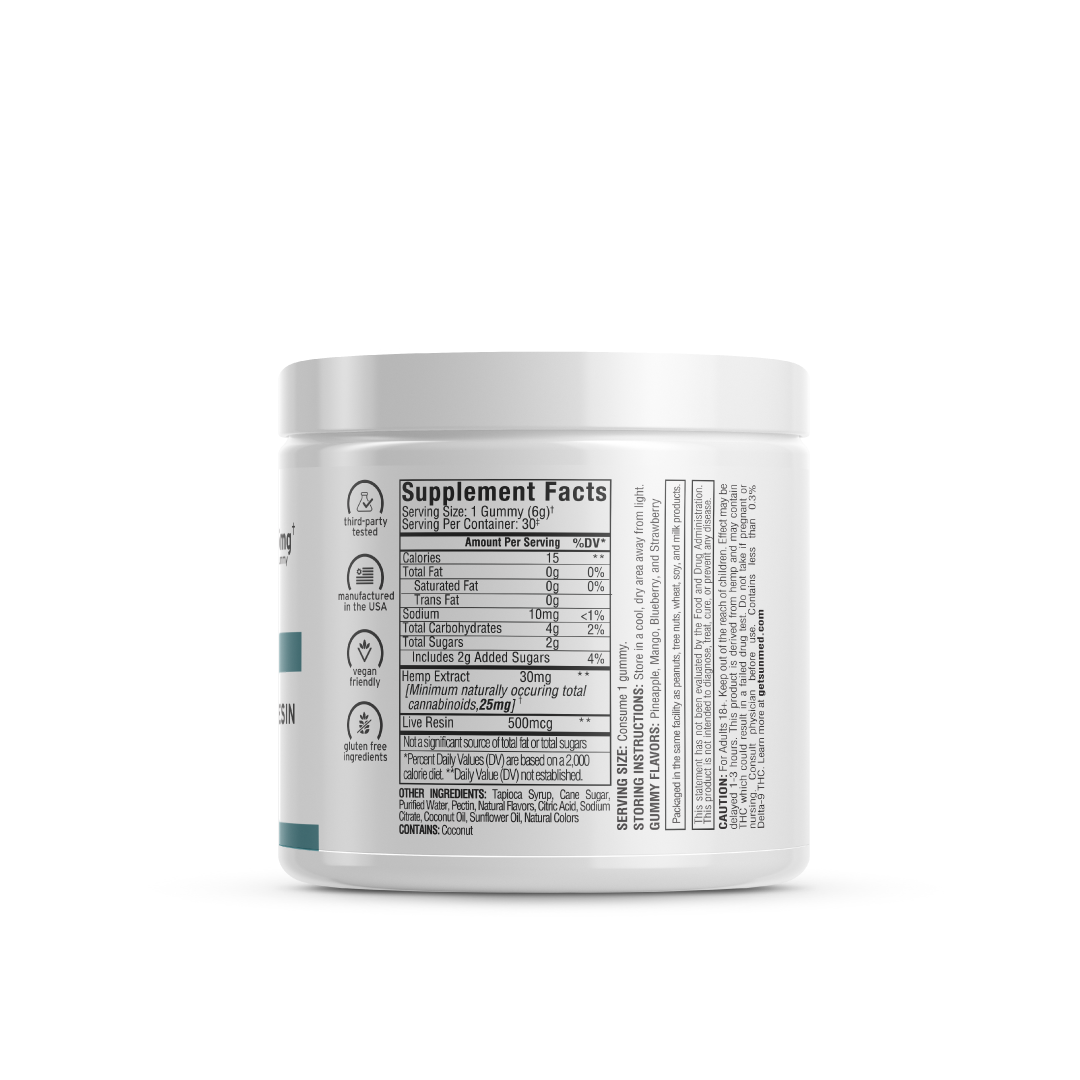 A cylindrical white container featuring labeled nutrition facts and information on the side, offering a premium hemp experience with Sunmed CBD's Broad Spectrum Vegan Wellness CBD Gummies.