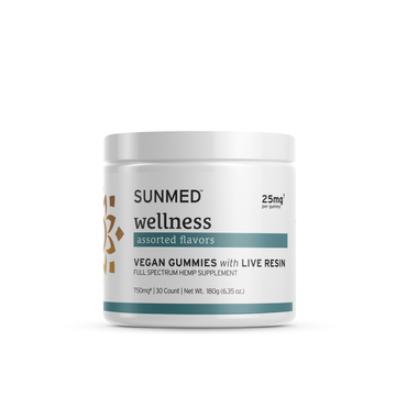 A jar of Sunmed CBD Full Spectrum Vegan Wellness CBD Gummies, containing live resin full spectrum hemp extract, assorted flavors, 25mg per gummy, 30 count.