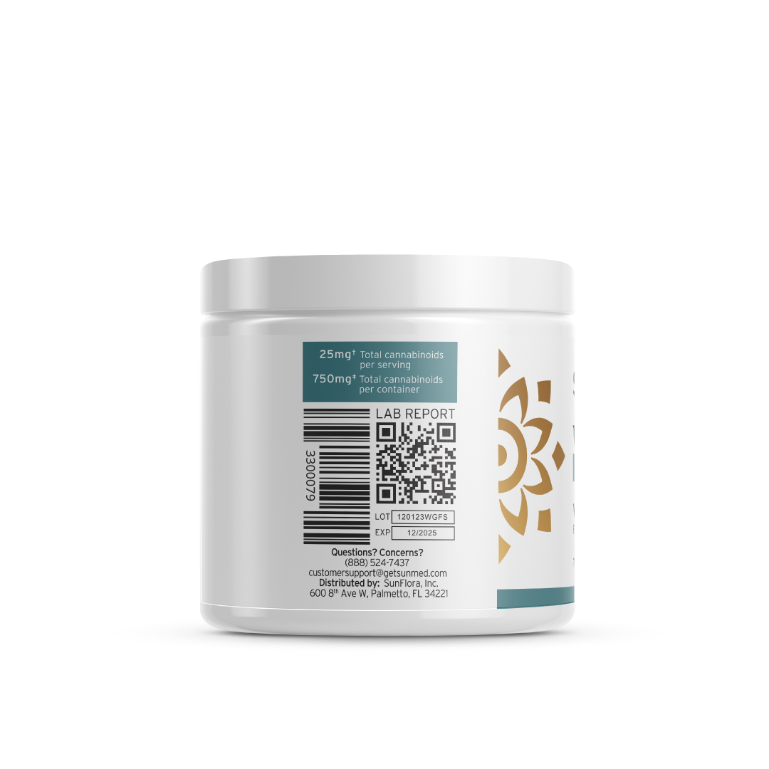 Sunmed CBD's Full Spectrum Vegan Wellness CBD Gummies come in a white container featuring a sun logo, QR code, and text labeling "25mg Total cannabinoids from Full Spectrum Hemp Extract." The packaging also includes customer service contact information and details for accessing the lab report.