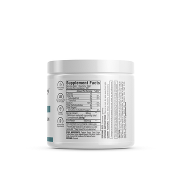 A white supplement container labeled with the supplement facts and ingredients on the back, featuring Sunmed CBD&