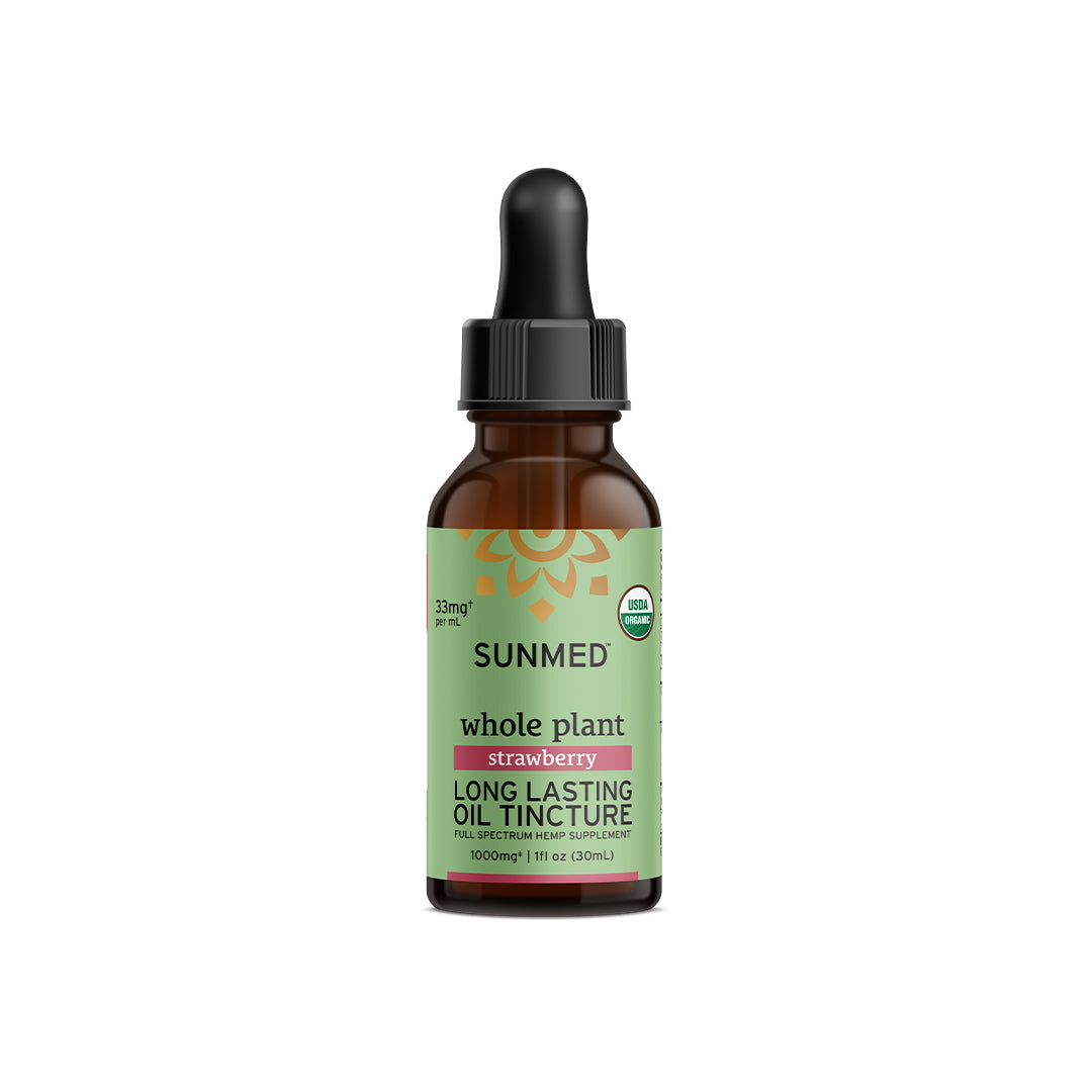 SunMed CBD Whole Plant Organic Full Spectrum CBD Tincture with strawberry flavor, in a brown bottle with a dropper cap and green label. This full spectrum CBD oil offers long-lasting effects, thanks to its unique PowerTERP Blend.