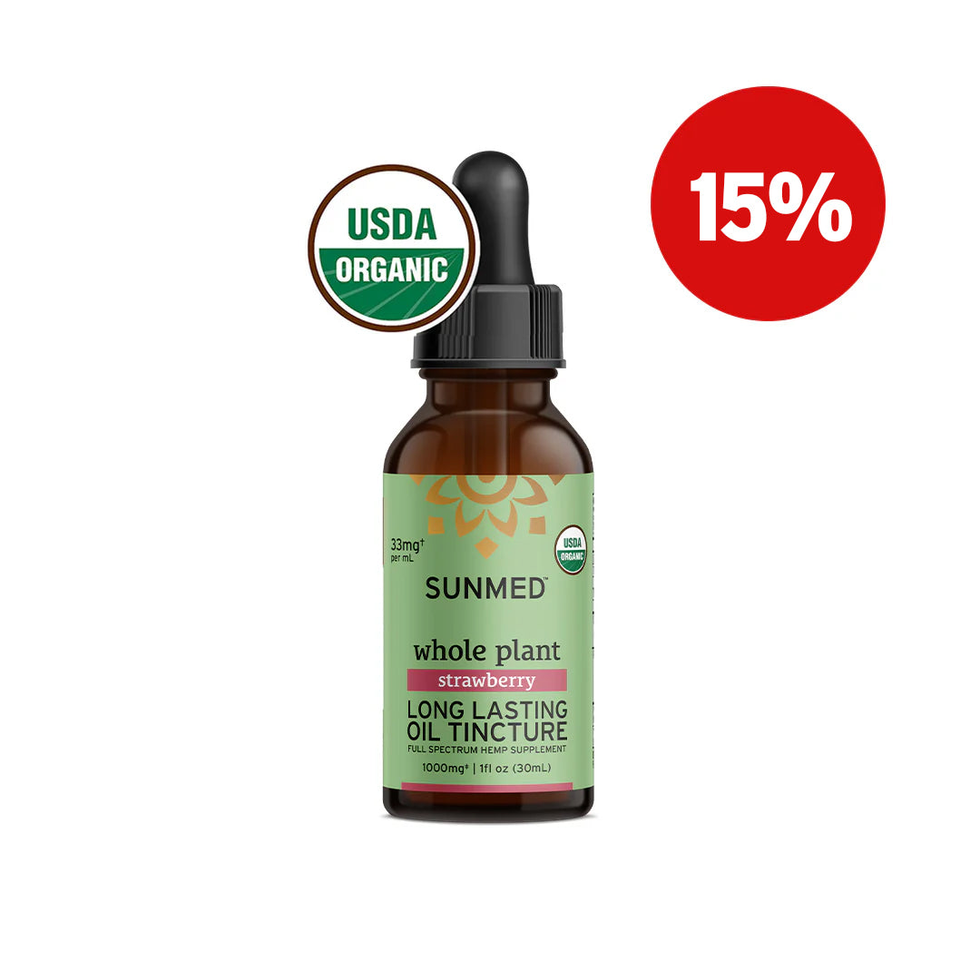 Sunmed CBD's Whole Plant Organic Full Spectrum CBD Tincture strawberry oil, USDA Organic-certified, is available at a 15% discount.