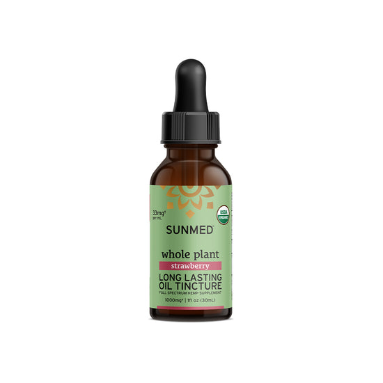 A bottle of Sunmed CBD Whole Plant Organic Full Spectrum CBD Tincture, made from USDA-Organic Hemp, with a black dropper cap, is shown on a white background.