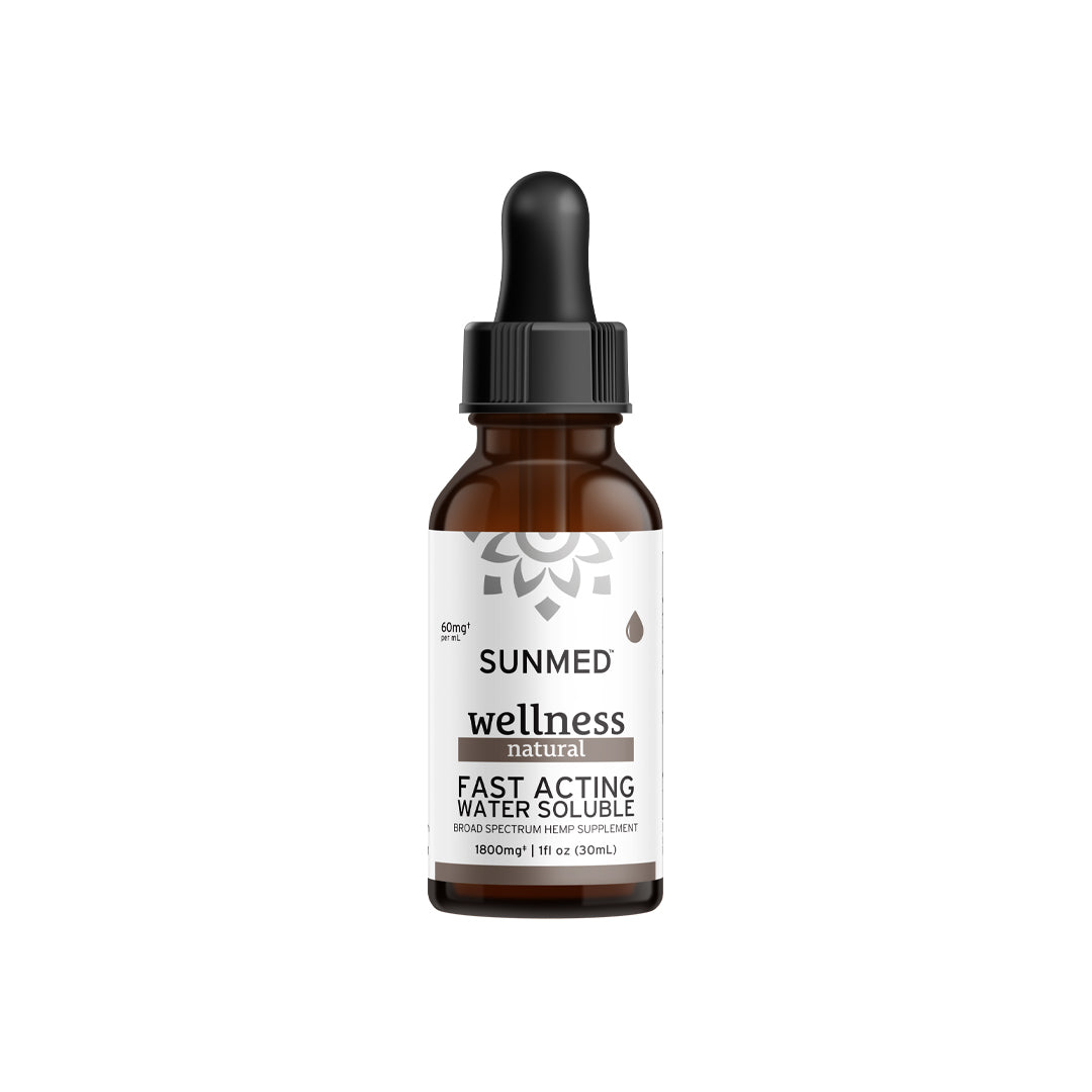 A brown bottle with a dropper cap labeled "Sunmed CBD Broad Spectrum Wellness CBD Water Soluble 1800mg" offers broad-spectrum CBD derived from organic hemp.