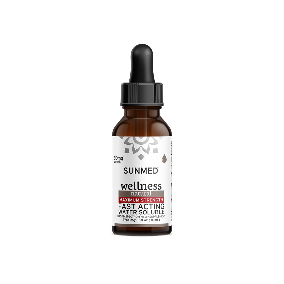 A brown dropper bottle labeled "Sunmed CBD Max Strength Broad Spectrum Wellness CBD Water Soluble," made with broad spectrum hemp extract to support overall wellness.
