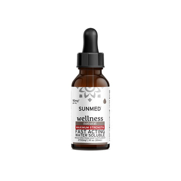 A brown dropper bottle labeled "Sunmed CBD Max Strength Broad Spectrum Wellness CBD Water Soluble," made with broad spectrum hemp extract to support overall wellness.